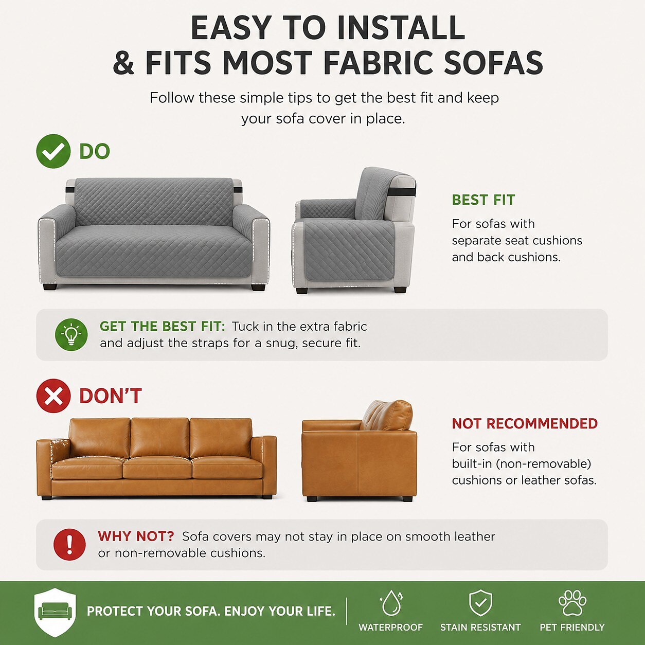 100% Waterproof Couch Cover, Patented Slip and Stain Resistant Cushion Protector Straps, US Designed Machine Washable Pet & Dogs Friendly Sofas Slipcover, 70 inch Seat, Light Gray