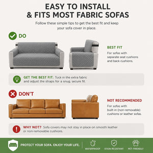 100% Waterproof Couch Cover, Patented Slip and Stain Resistant Cushion Protector Straps, US Designed Machine Washable Pet & Dogs Friendly Sofas Slipcover, 70 inch Seat, Light Gray